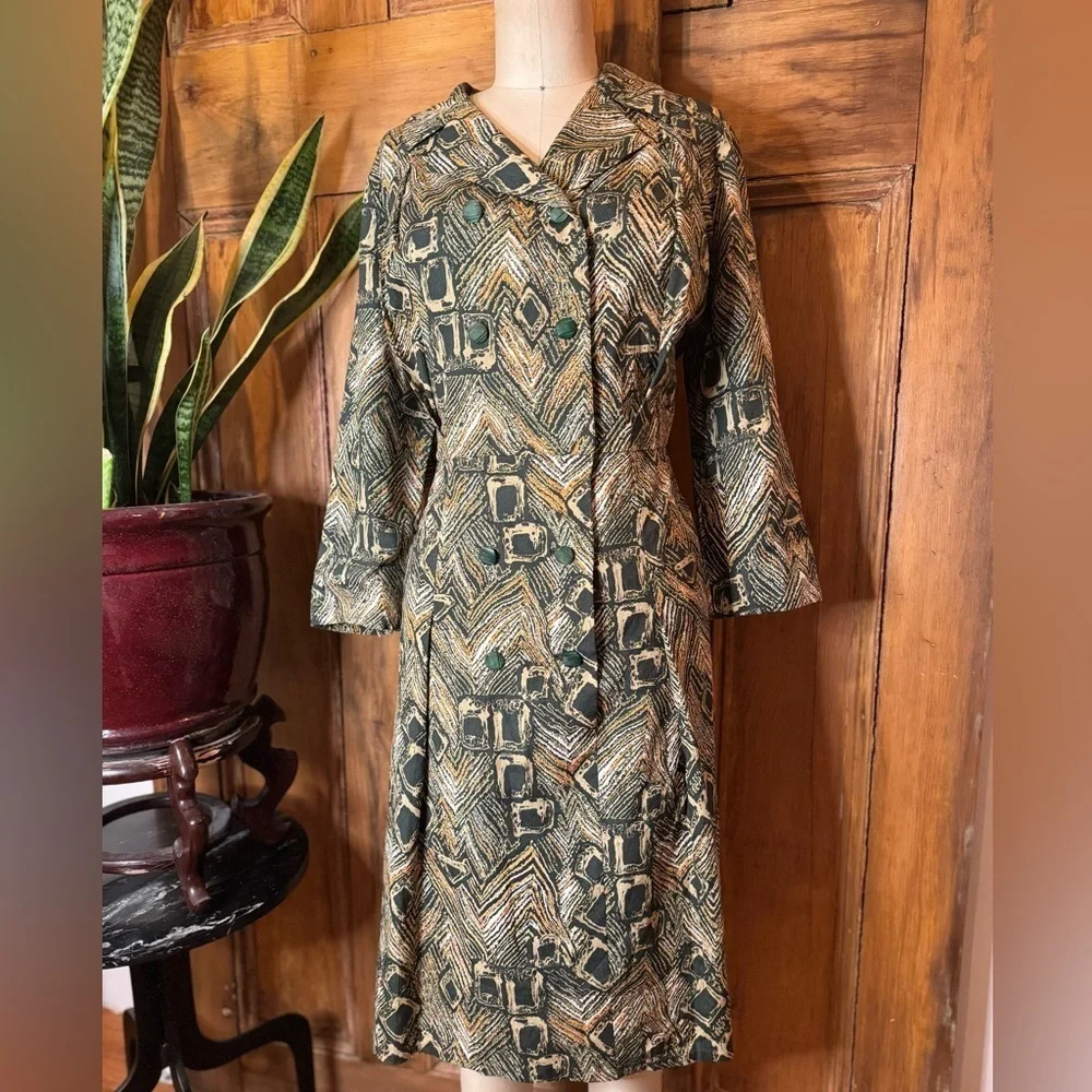 Vintage 1950s  Green safari long sleeve double breasted silk button midi dress - Picture 7 of 8